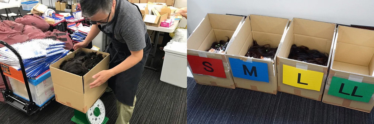 ヘアドネーションによるウィッグ提供の過程（髪の毛の仕分けの様子）